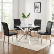 Crossley Round Glass Dining Table With 4 Kirkland Black Chairs