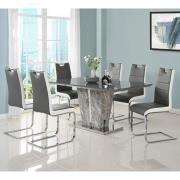 Melange Marble Large Dining Table With 6 Petra Grey White Chairs