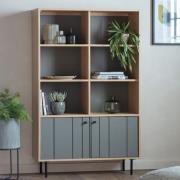 Fujiya Wooden Open Display Cabinet In Natural Oak And Grey