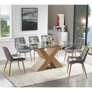 Zanti Glass Dining Table With Oak Base 6 Primo Grey Chairs