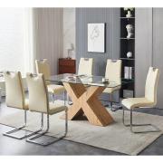 Zanti Glass Dining Table With Oak Base 6 Petra Cream Chairs