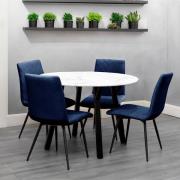 Frisco Marble Effect Dining Table Round With 4 Blue Chairs