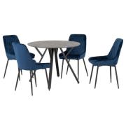 Alsip Round Concrete Dining Table With 4 Avah Blue Chairs